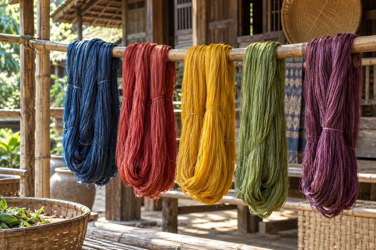 Skeins of naturally dyed silk yarn drying on a bamboo rack
